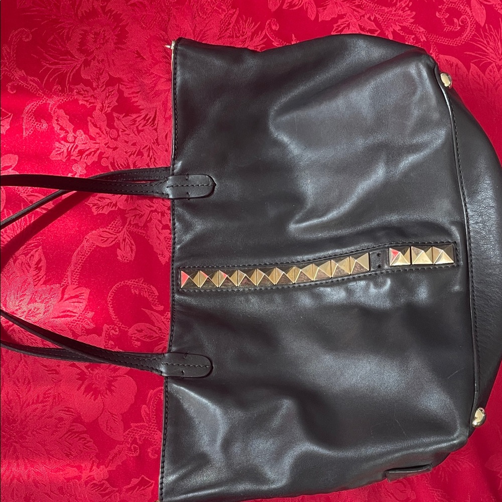 Black Leather Tote Bag with Gold Studs